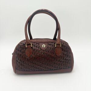 Vintage Etienne Aigner 80s Brown Leather Basket Weave Small Satchel Bag *READ